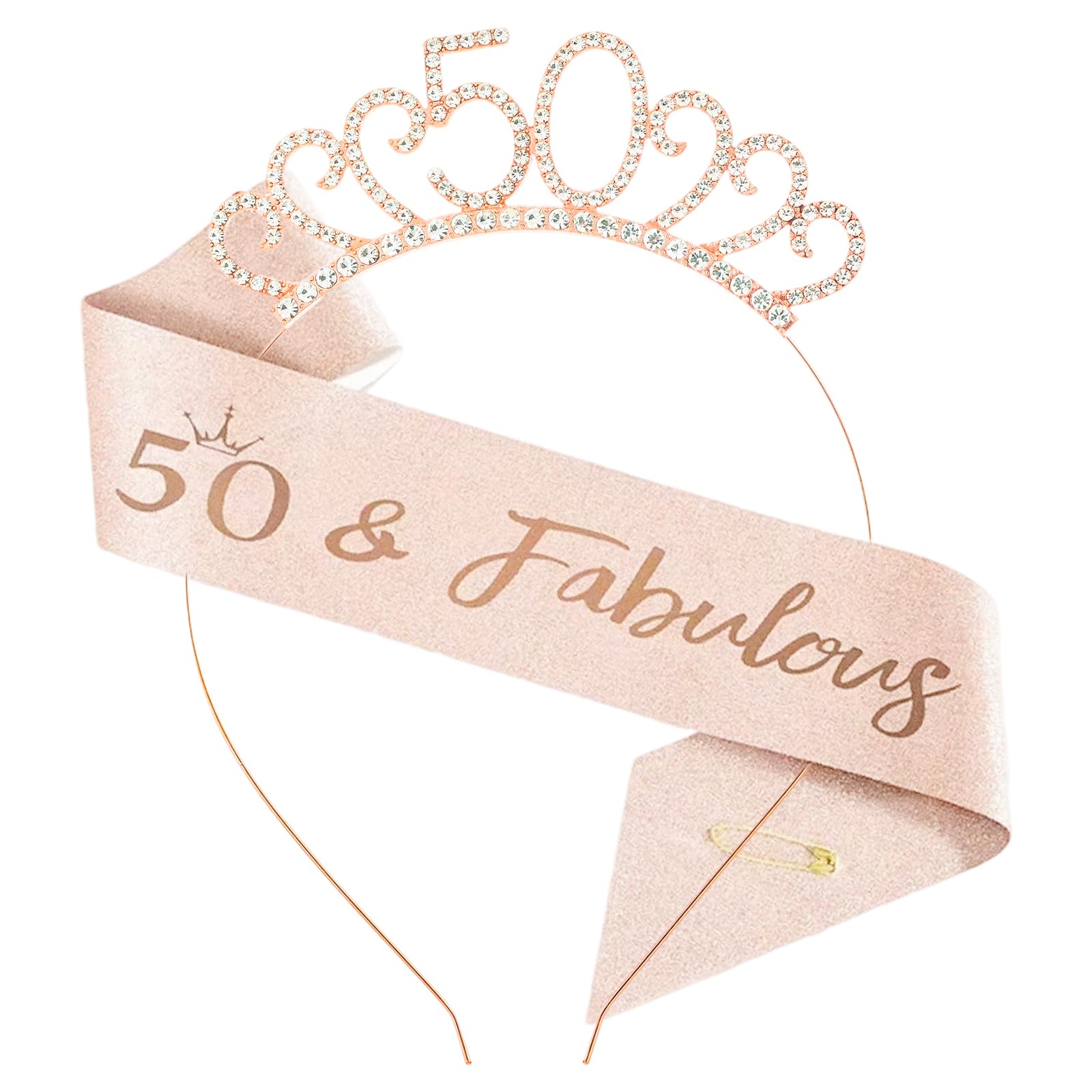 50th Birthday Crown and Sash, Crystal Tiara Crowns Kit for 50th Birthday Gifts, Party Accessories for Girls Women 50 of Birth day Party (Rose Gold)