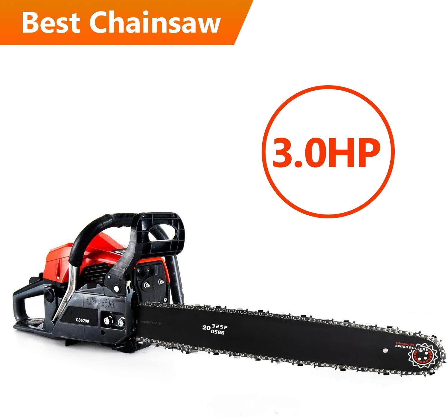 Voluker 20" 52CC 2 Strokes 3.0HP Gas Powered Chainsaw 2 Stroke Petrol Chain Saw for Cutting Wood with Tool Kit (52CC-R)