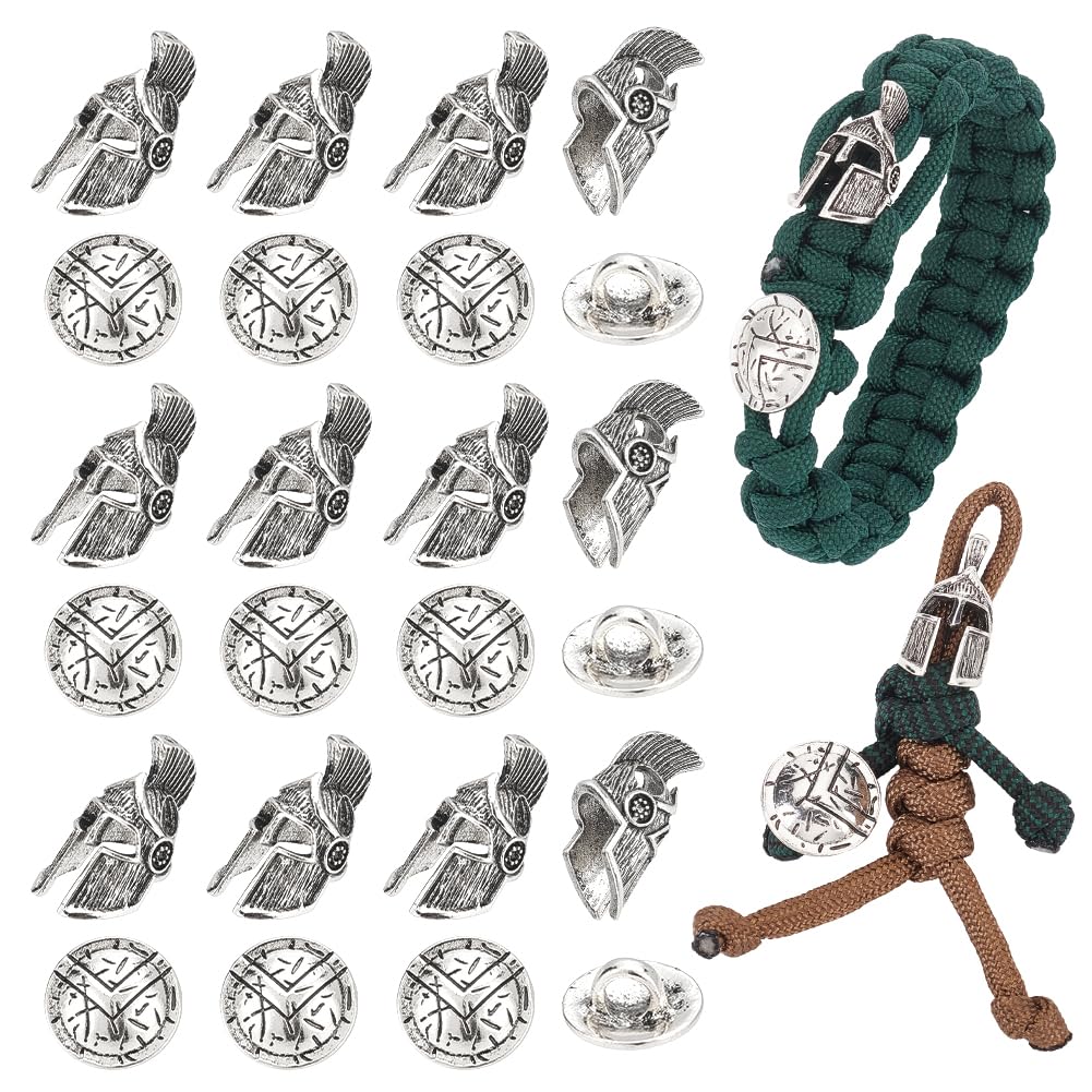 UNICRAFTALE 20Pcs Lanyard Tibetan Style Spartan Helmet Paracord Bead Rope European With Alloy Shank Buttons Antique Silver for Bracelet Keychain Hair Braiding Jewelry Making
