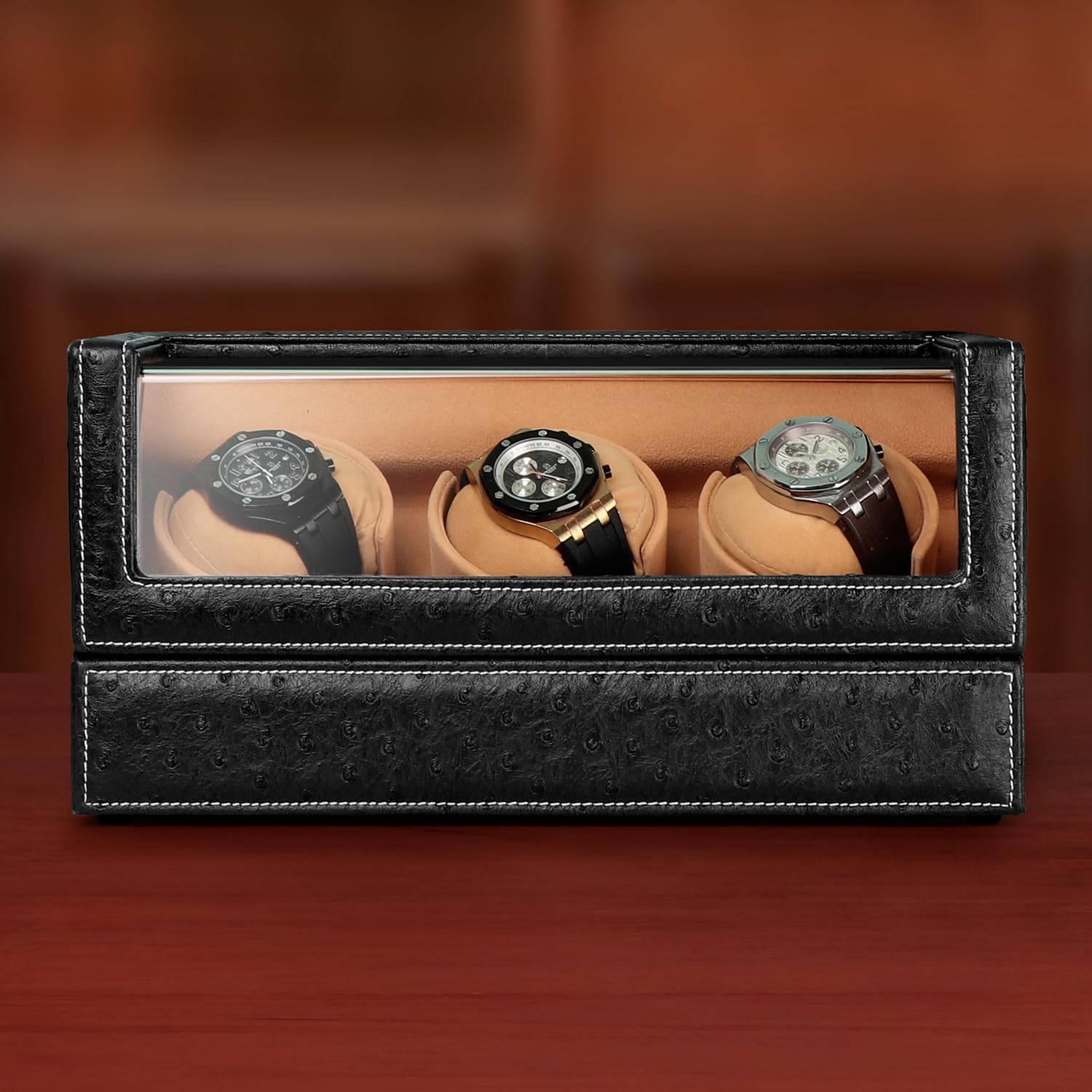 DRIKLUX Automatic Watch Winder for Rolex and Other Luxury Watches - Automatic Winder with Quiet Motor, Premium Black Ostrich Leather Exterior and Soft Flexible Watch Pillows of Camel Velvet