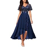 Miusol Women's Classy V-Neck Butterfly Sleeve Sequined Floral Lace Ruffle Split Bridesmaid Party Dress
