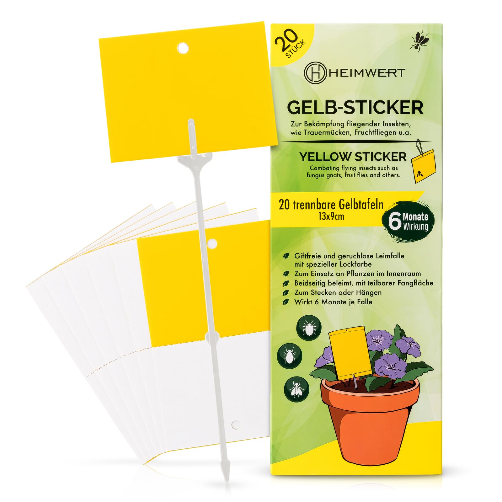 Heimwert Yellow Sticker XXL - Effective Fight Fungus Gnats - 6 Months Long-Term Yellow Boards, Separable, with 20 XXL Ground Spikes and 20 Tie Wires for Hanging I Against Fruit Flies Aphids
