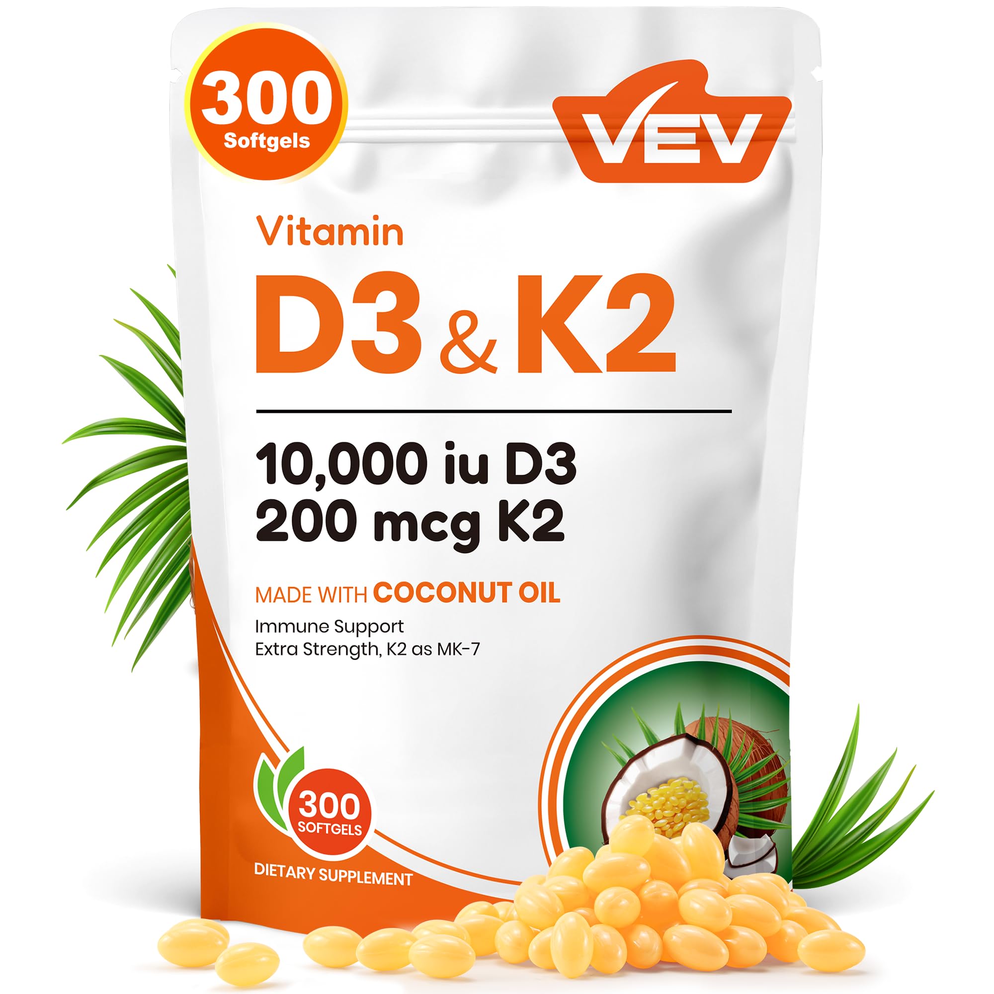 VEV Corefeel Vitamin D3 K2 10,000 IU, 200 mcg MK-7, 300 Coconut Oil Softgels, 2 in 1 Vitamins Supplement D & K (Include MK7), Easy to Swallow, Supports Calcium Absorption, Bone Health