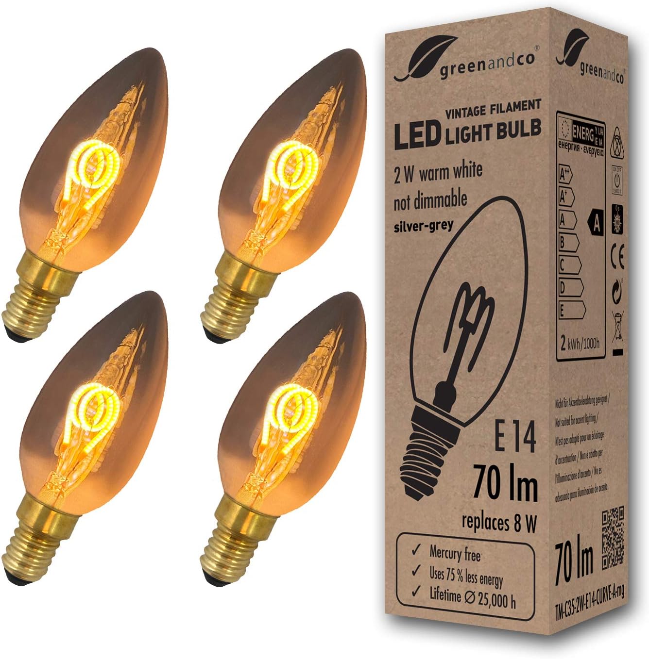 greenandco® E14 C35 LED Vintage Filament Bulb Silver Grey 2W 70lm 1800K Extra Warm White 360° 230V, no Flicker, not dimmable, 4-Pack