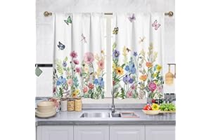 Ochine Floral Kitchen Window Tier Curtains Rod Pocket, Flower Embroidery Kitchen Curtain Tier Set Decorative Cafe Curtains Dr