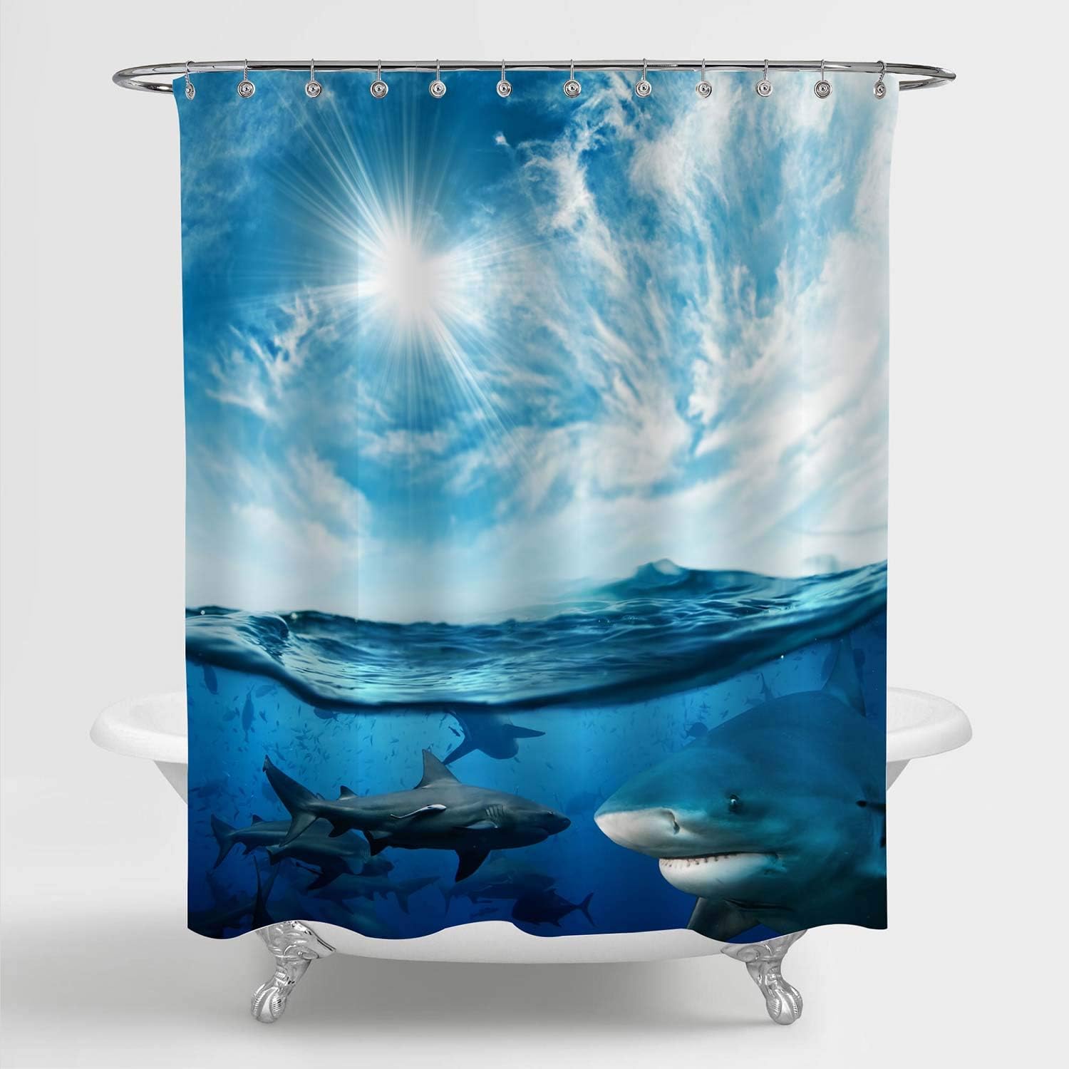 Amazon Com Mitovilla Shark In The Ocean Shower Curtain For Summer Bathroom Decor Seascape Of Dangerous Sharks Underwater Nature Scenic Bathroom Accessories Ocean Gifts For Men And Kids Boy Blue 72 W X