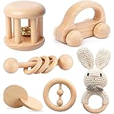 Wooden Baby Toys, 6PCS Wooden Rattle for Baby, Montessori Toys for Babies 0-6 -12 Months, Wood Rattles Set for Infant Grasping, Wooden Rattles Push Car Crochet Bunny Rattle Toy for Newborn Infant