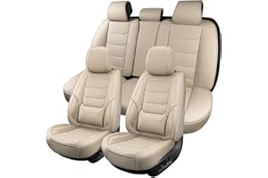 hoozoom Leather Car Seat Covers Full Set Breathable Automotive Seat Covers Waterproof Seat Protectors Universal Fit for Most Automotive Cars SUV Trucks(Beige, Full Set)