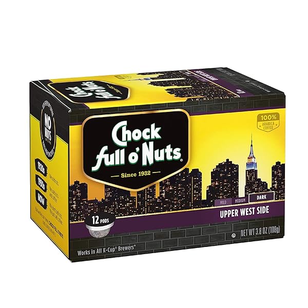 CHOCK FULL O’ NUTS UPPER WEST SIDE DARK ROAST, K-CUP COMPATIBLE PODS – ARABICA COFFEE IN ECO-FRIENDLY KEURIG-COMPATIBLE SINGLE SERVE CUPS, 12 COUNT (PACK OF 1)