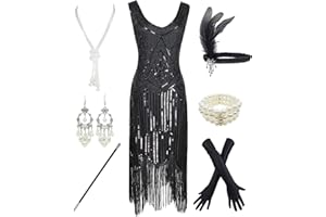 ESRTYERYH WOMEN COSTUME 1920s Gatsby Sequin Fringed Paisley Flapper Dress with 20s Accessories Set