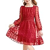 Arshiner Girls Dresses Long Sleeve Square Neck Swiss Dot Flowy Casual Party Dress