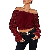 LYANER Women's Off Shoulder Floral Mesh Long Sleeve Ruffle Trim Crop Blouse Top