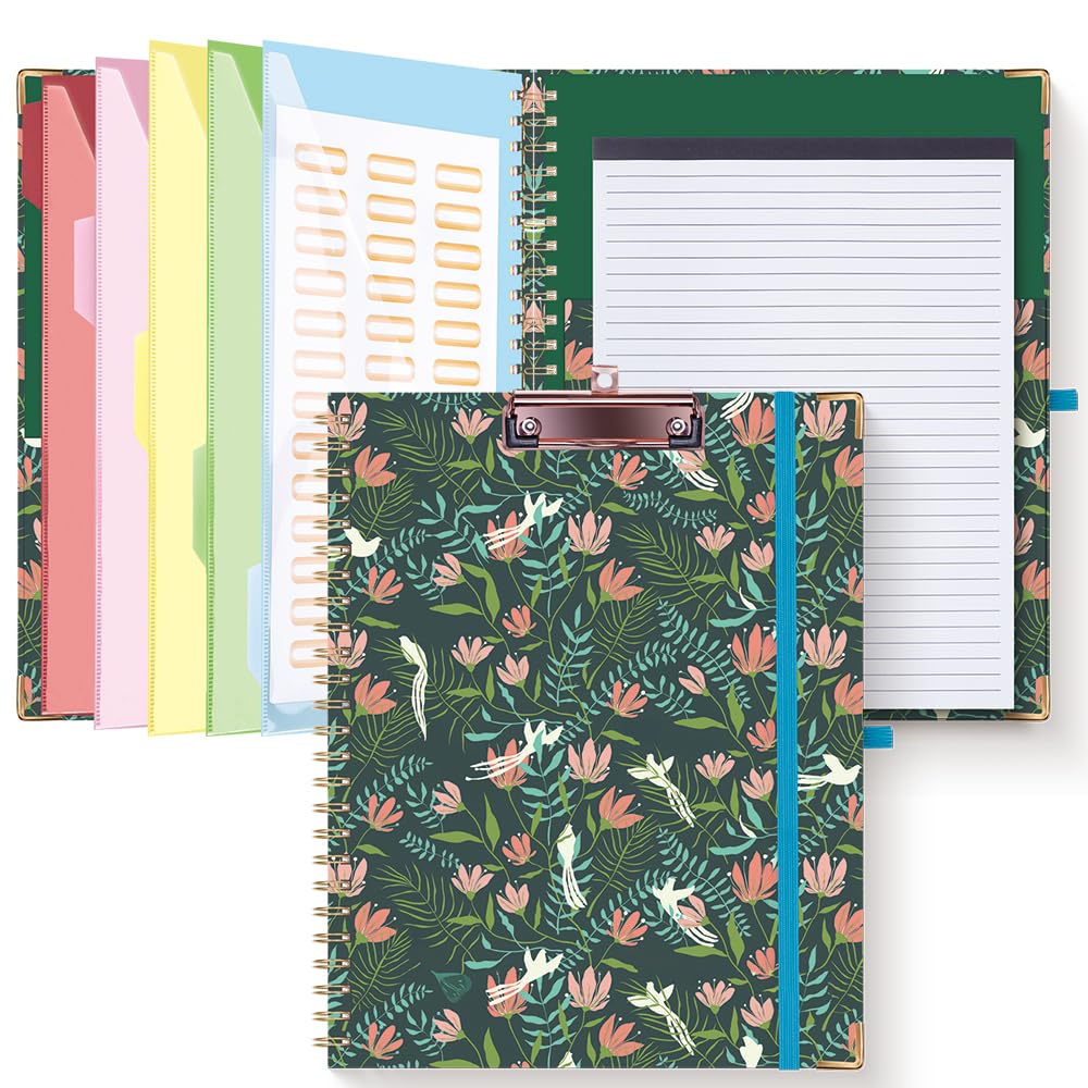HAUTOCO Clipboard Folder with Replaceable Lined Notepad, Spiral Clipboard A4 with 5 Folder Dividers Document Storage Pockets, Padfolio Organiser Folio Clip Board for Office School, Flower Bird — image 1