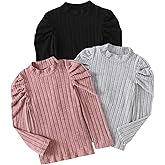 Fdqin Girls Shirt 3 Packs Long Sleeve Turtleneck Ribbed Knit Tee Basic Solid Blouse Fall Winter Outfits Casual Wear 3-12Years