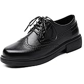 OKJ Oxford Shoes for Women, Black Womens Oxford Shoes Leather Platform Women's Oxfords Comfortable Dressy Slip On, Lace Up Vintage Shoes Casual Saddle Shoes for Women Work Business Dress