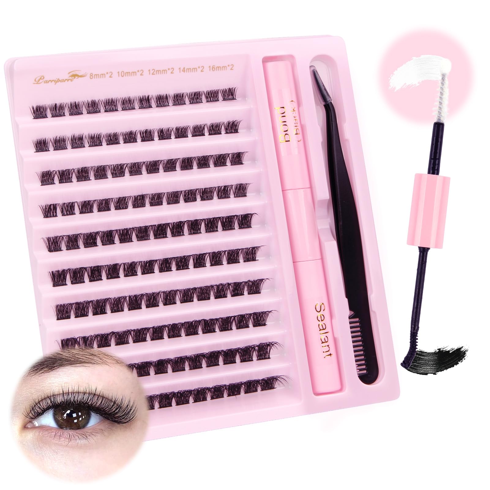 Parriparri DIY Lash Extension Kit 120Pcs Individual Lashes with Bond and Seal and Cluster Lashes Applicator Volume Eyelash Extensions Kit False Eyelashes DIY at Home (8-16MM MIX) — image 1