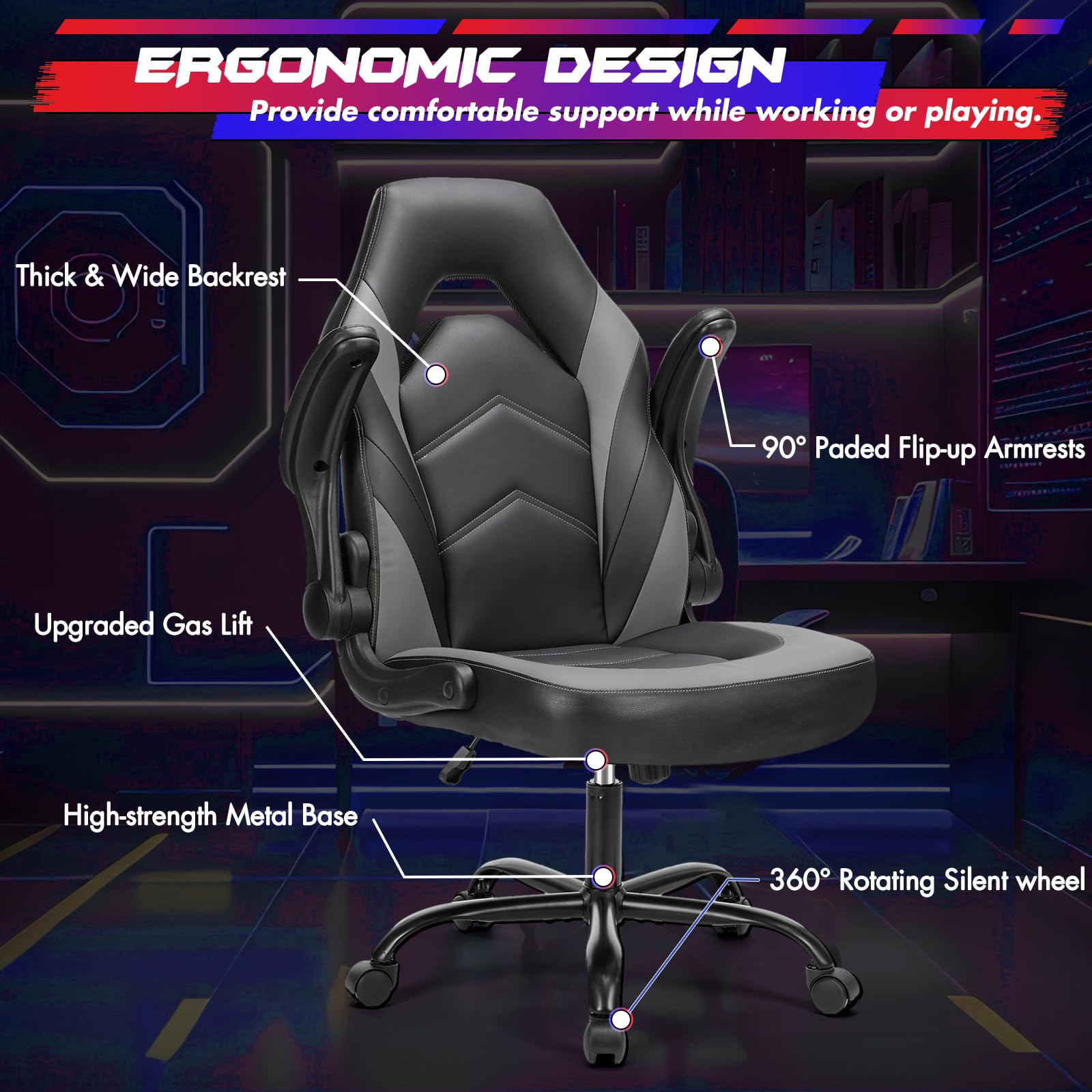 Sweetcrispy Computer Gaming Desk Chair - Ergonomic PU Leather with Comfy Lumbar Support, Height Adjustable Rolling Desk with Flip-up Armrests, for Home and Office - Image 7