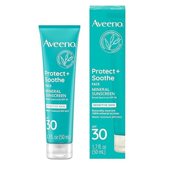 AVEENO PROTECT + SOOTHE FACE MINERAL SUNSCREEN WITH BROAD SPECTRUM SPF 30 FOR SENSITIVE SKIN, LIGHTWEIGHT & NON-GREASY FACE SUNSCREEN, WATER-RESISTANT UVA/UVB PROTECTION, 1.7 FL. OZ