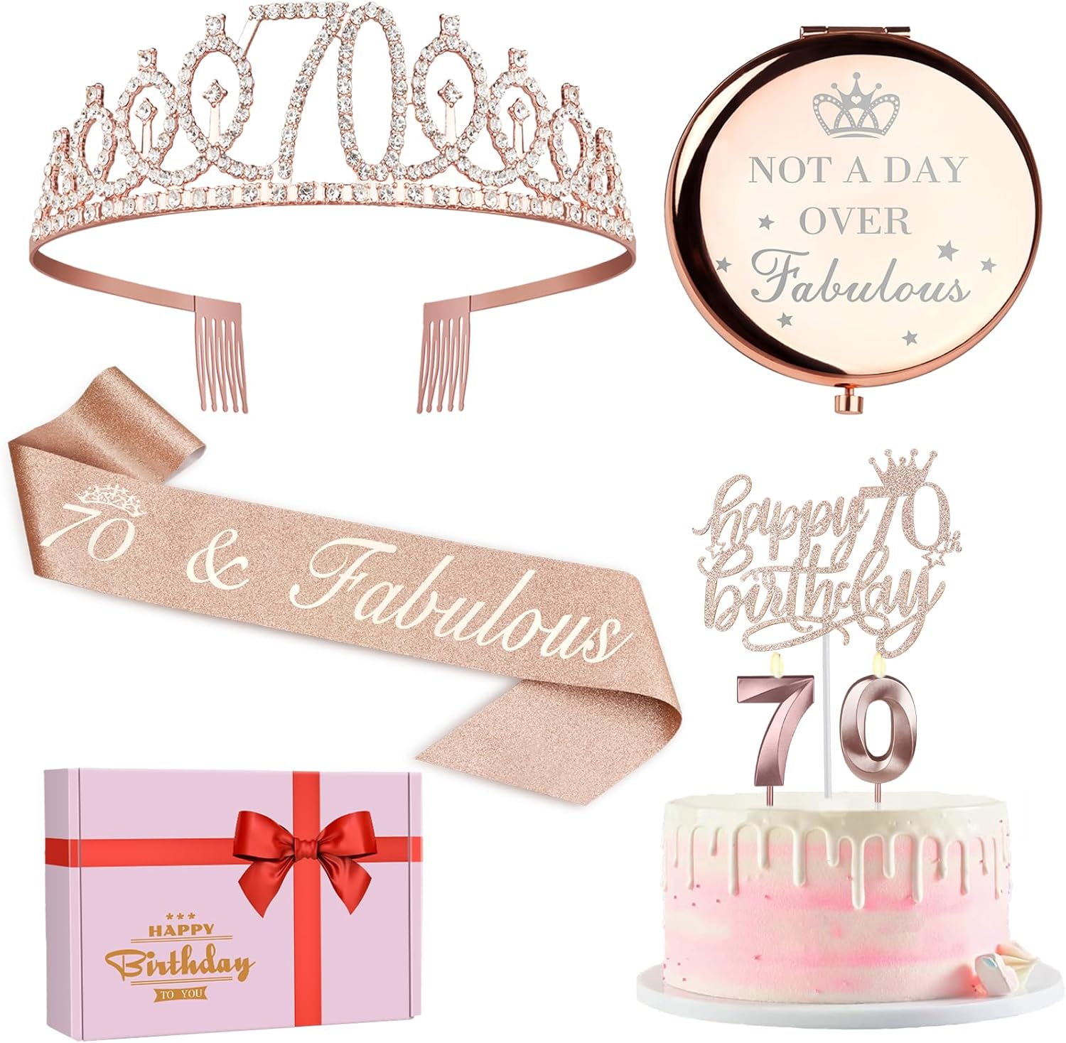 Candles & Holders - 70th Birthday Decorations for Women, Including 70th Birthday Sash, Crown, Cake Topper, Candles and a Compact Mirror, Rose Gold Not A Day Over Fabulous 70th Birthday Gifts for Women
