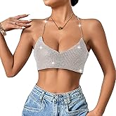 Women's Glitter Halter Tops Sparkle Crystal Rhinestone Chain Crop Top Metal Sequin Club Party Rave Nightclub Outfit