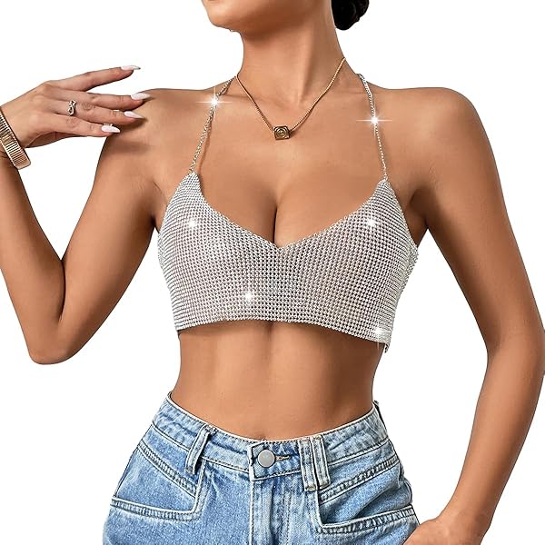Sexy Halter Neck Rhinestone Crop Top for Women Girls Deep V