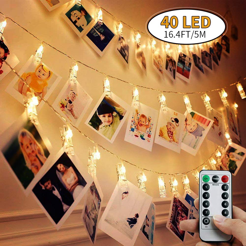 LOBKIN Photo Hanging Clips Schnur, 40 LED Photo Clips Lichterketten 5m Photo String Lights mit Clips, 8 Modi Lichterketten mit Clips für Bilder, mit Remote Timer-Funktion für Fotos, Bilderkarten