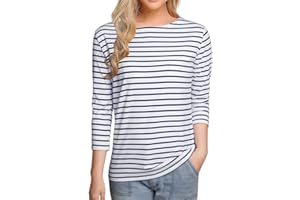 LilyCoco Womens 3/4 Length Sleeve Tops Striped Boatneck Shirt Breton French Cotton Tees