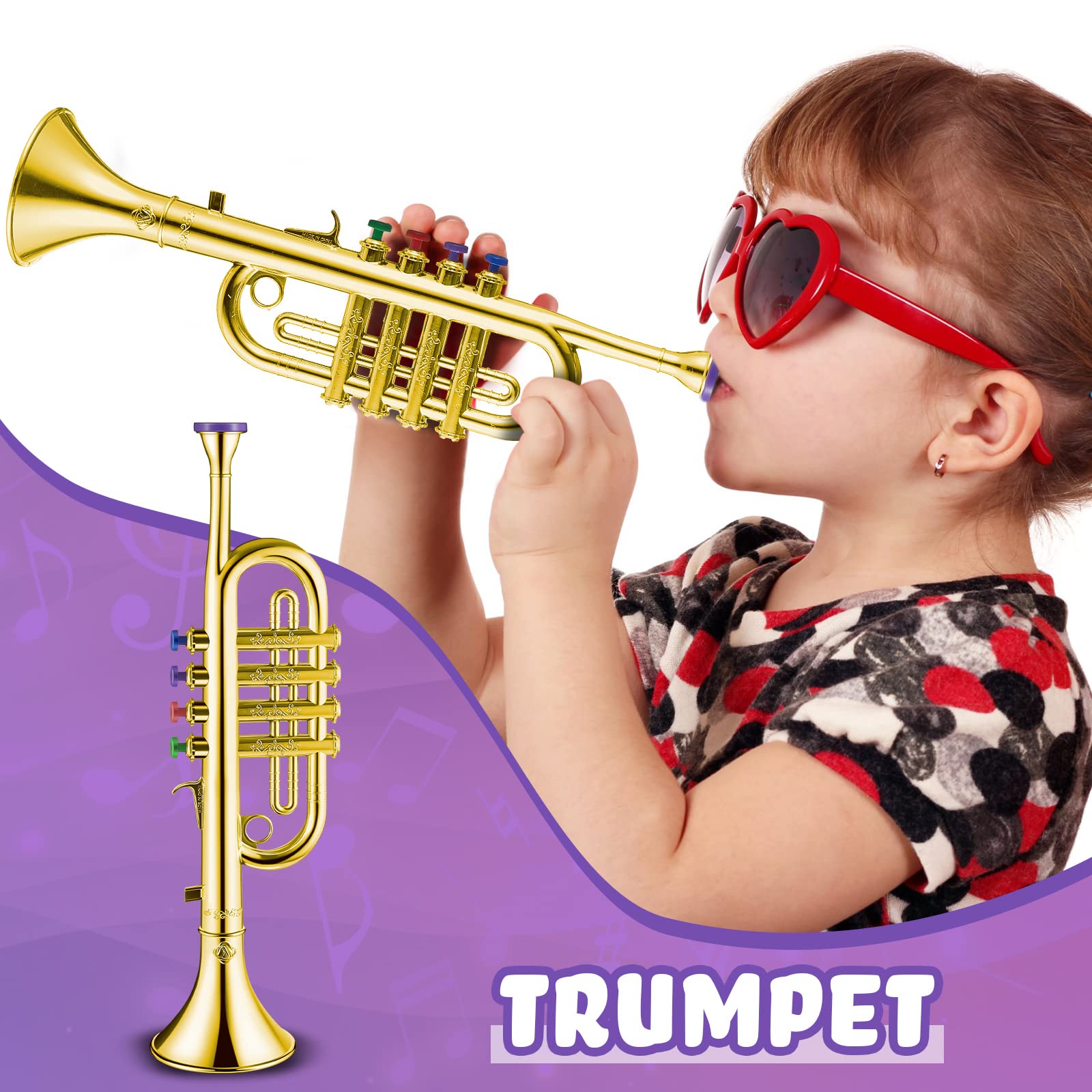 Lewtemi Set of 3 Saxophone for Kids Christmas Musical Instruments Toy Saxophone Toy Trumpet and Clarinet with 8 Colored Coded Keys Teaching Songs Gifts for Toddlers Children(Gold)