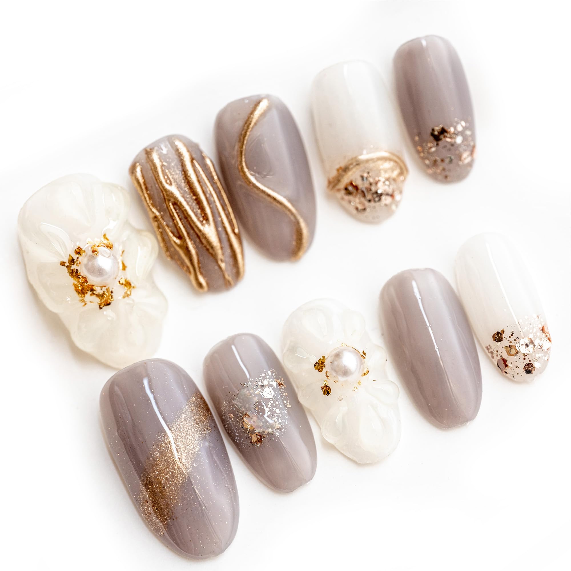 Sun&Beam Nails Handmade Press On Nails Medium Oval Taupe Cream Gold Pearl Foil Glossy 10 Pieces Easy Manicure for Everyday Wear and Going Out (#014 M)