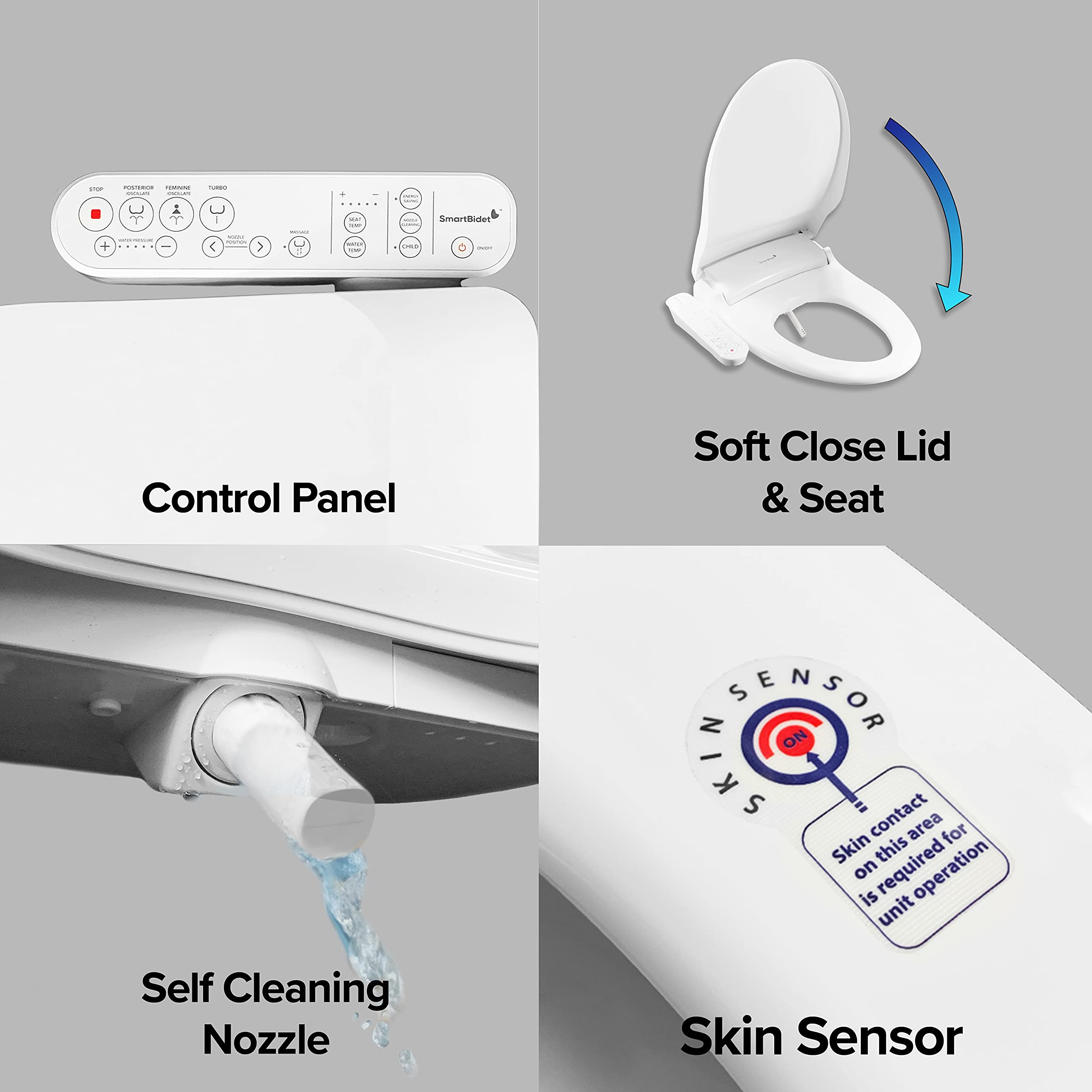 SmartBidet SB-100C Electric Bidet Seat for Elongated Toilets with Control Panel, Massage Wash, Child Wash, Heated Water and Seat