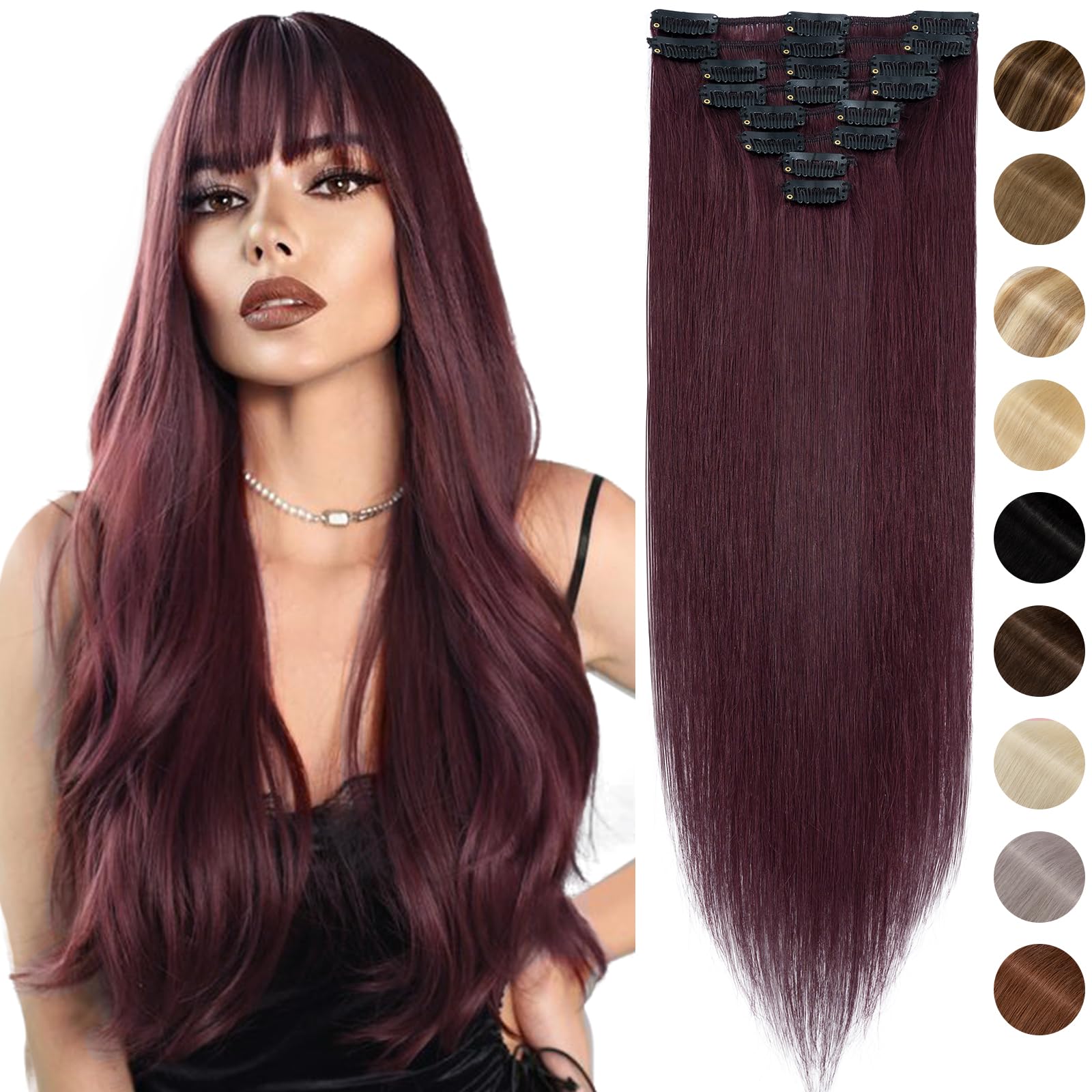 Silk-co Hair Extensions Clip in Hair Extensions Real Human Hair 8 PCS 100% Remy Straight Hair Extension Basic Thickness-Thin Weft(18 inches-70 grams, #99J Wine Red) — image 1
