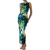 MASCOMODA Womens Bodycon Summer Dresses 2026 Sleeveless Floral Mesh Maxi Dress Side Slit Ruched Long Party Cocktail Dresses