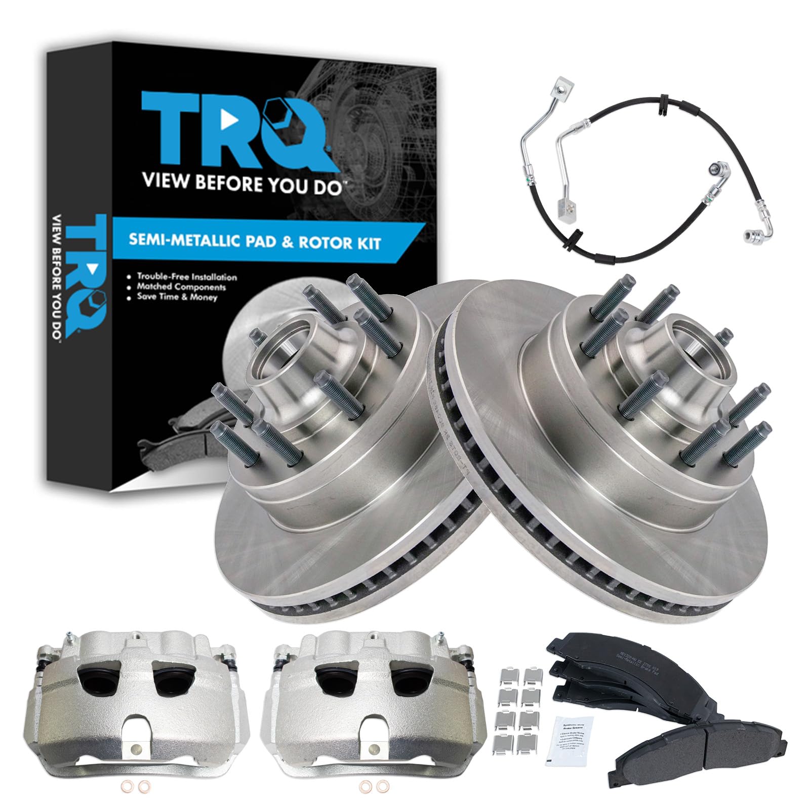 TRQ Front Brake Pad & Rotor Kit Semi-Metallic Compatible with 2008-2014 Ford E-150 E-250 2008-2018 E-350 Super Duty E-450 Super Duty Image