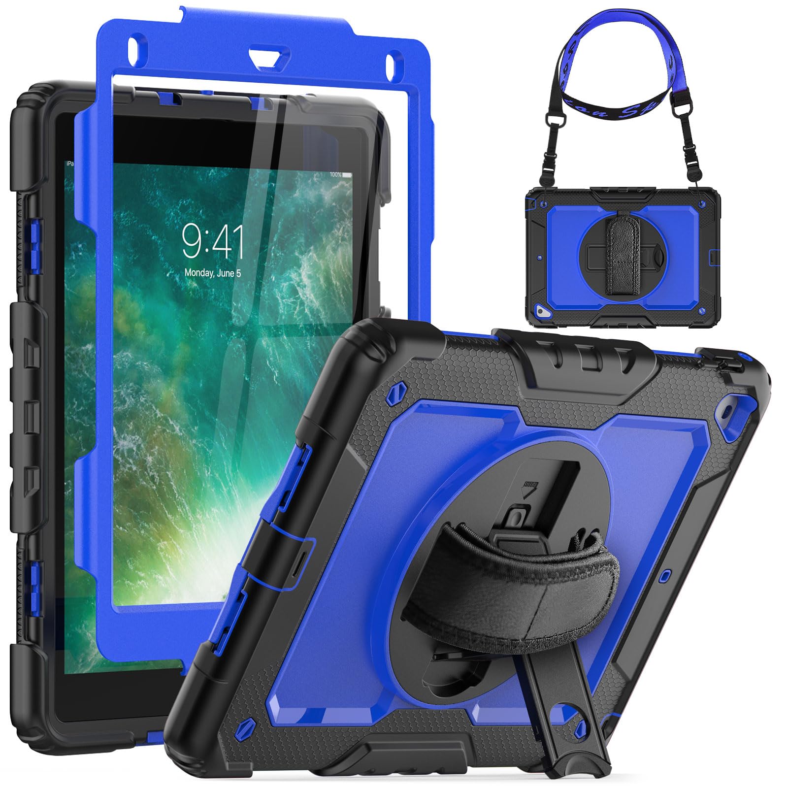 SEYMCY Case for iPad 6th/5th Generation 2018/2017, iPad Air 2 Case 2014, iPad Pro 9.7 inch 2016, Shockproof Shockproof with Screen Protector, 360° Rotating Stand & Hand Strap, Shoulder Strap, Blue