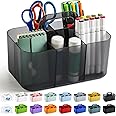 Multiuse Caddy Organizer with Handle - Stackable Plastic Bin - Divided Storage Tote Holder for Art Craft Supplies, Makeup, Bathroom, Shower, Cleaning, Kitchen, Office, Dorm, Desktop - Clear Black