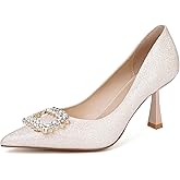 SUIARA Slingback Wedding Heels for Women Bridal Lace Mesh Kitten Heel Closed Pointed Toe Pearl Pumps Shoes