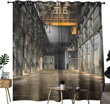 Amazon Co Jp インダストリアルデココレクション プライバシーカーテン インダストリアルインテリア 古い工場の建物 不気味な倉庫プリント リビング ダイニング ベッドルーム用 ペア マスタードグレー W96 X L108 ホーム キッチン