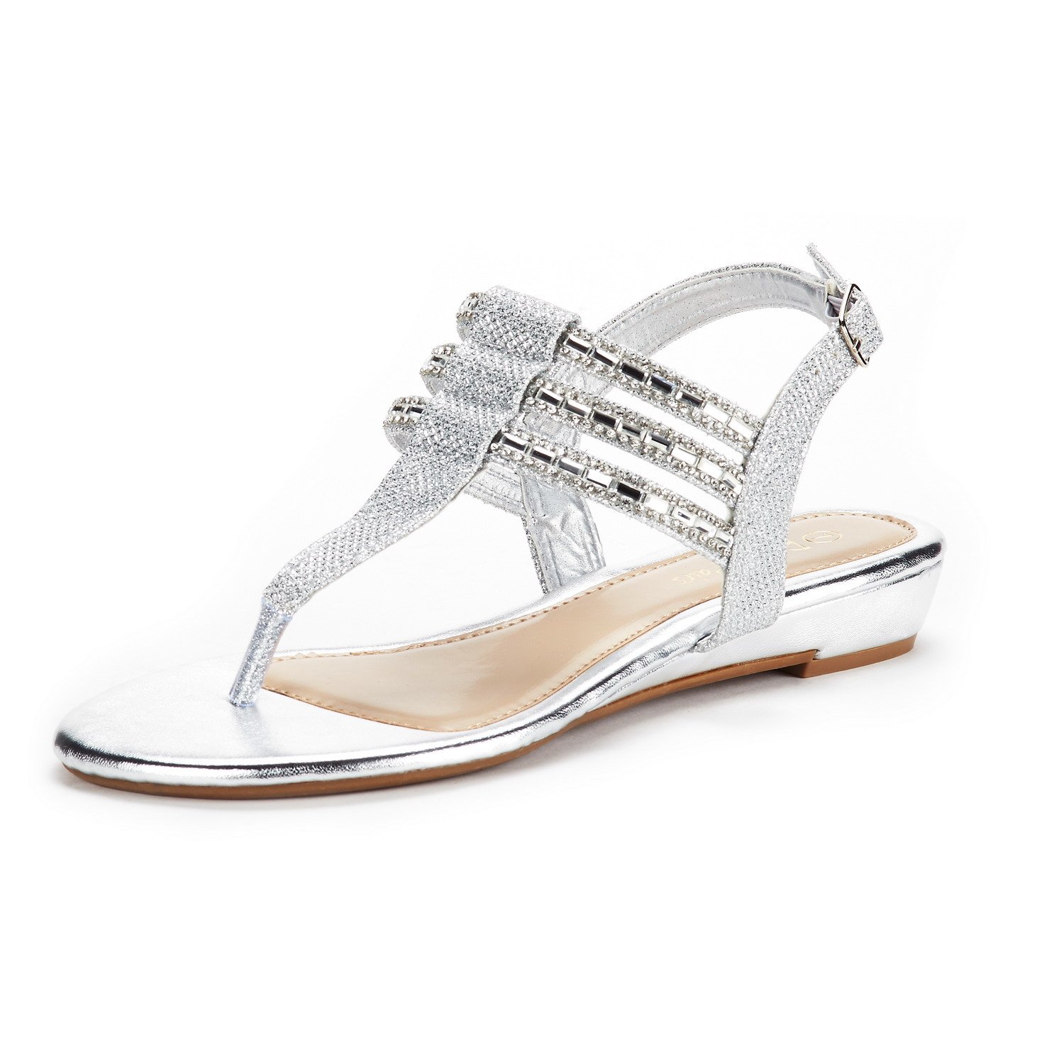 DREAM PAIRS Women's Estelle_W Silver Fashion Rhinestones Low Wedge Sandals Size 9 M US