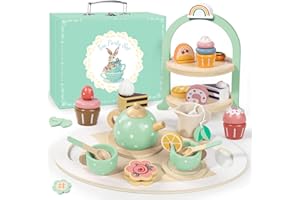 IAOVUEBY Wooden Tea Party Set for Little Girls, Toddler Pretend Play Food Kitchen Toys, Wooden Tea Set Tray Cake Dessert, Toddler Birthday for Girls Age 2-5 Years Old