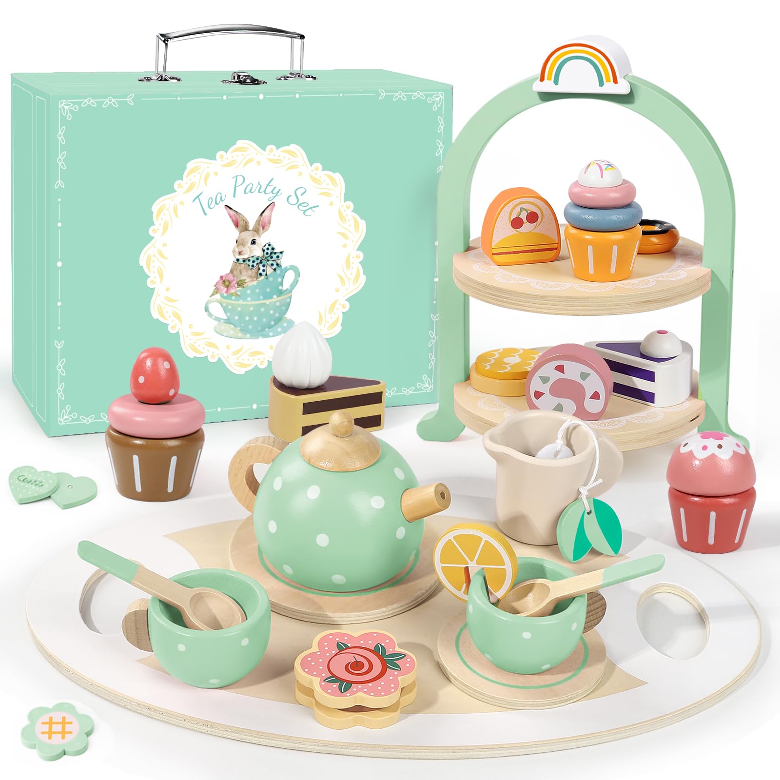 Photo 1 of Wooden Tea Party Set for Little Girls, Toddler Pretend Play Food Kitchen Toys, Wooden Tea Set Tray Cake Dessert, Toddler Birthday for Girls Age 2-5 Years Old