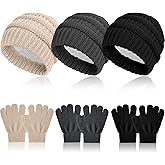 Geyoga 6 Pack Kids Winter Beanie Hat Gloves Set Boys Girls Warm Knitted Fleece Lined Pompom Hat for Children Toddler 3-8 Year