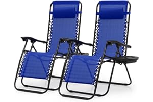OS MOTOR Zero Gravity Chairs, Portable Folding Reclining Lounge Chairs with Adjustable Pillow and Cup Holder Trays for Outdoor, Patio, Beach, Camping, Garden, Poolside, Set of 2 Royal Blue