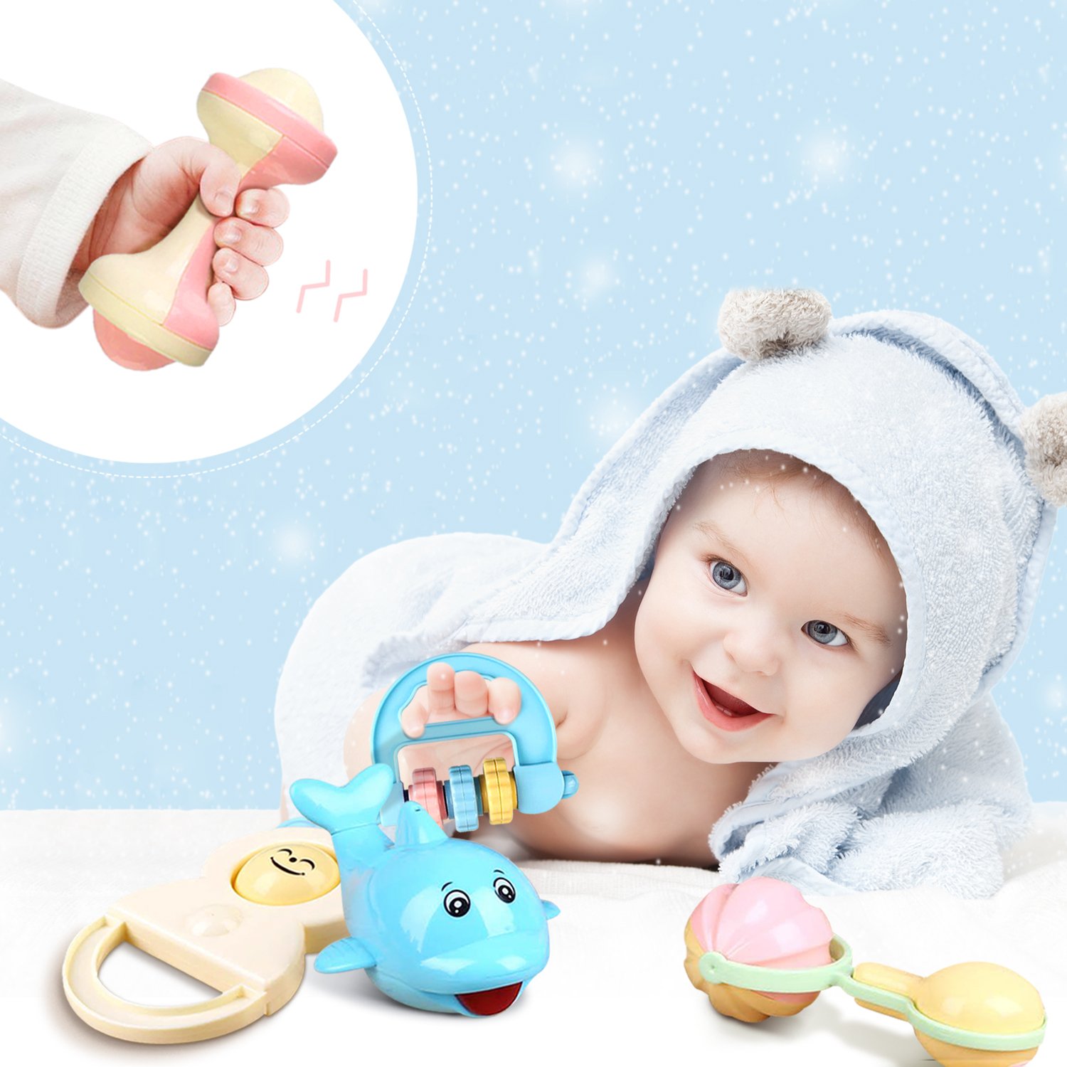 Baby Rattle Toys Set - Grab and Spin Rattle\'n Rock Shaker Ring Hand Bell Toys for Newborn Baby, Infant Toddler Nursery Gift Play Set by Peradix