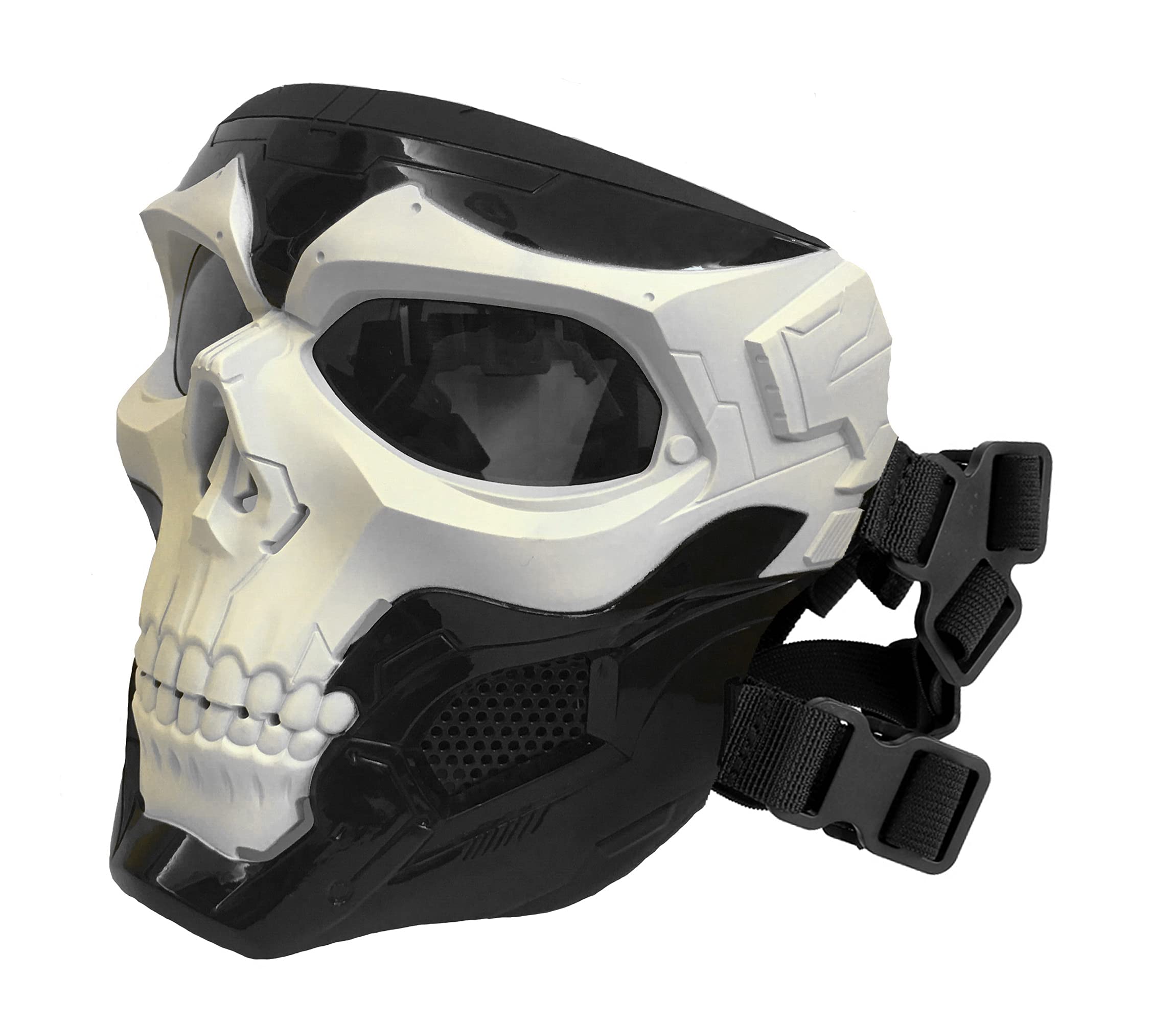 Airsoft Mask Tactical Paintball Skull Mask Eye Protective Gear Full Face Mask for Halloween Hunting CS Wargame (BK-White)