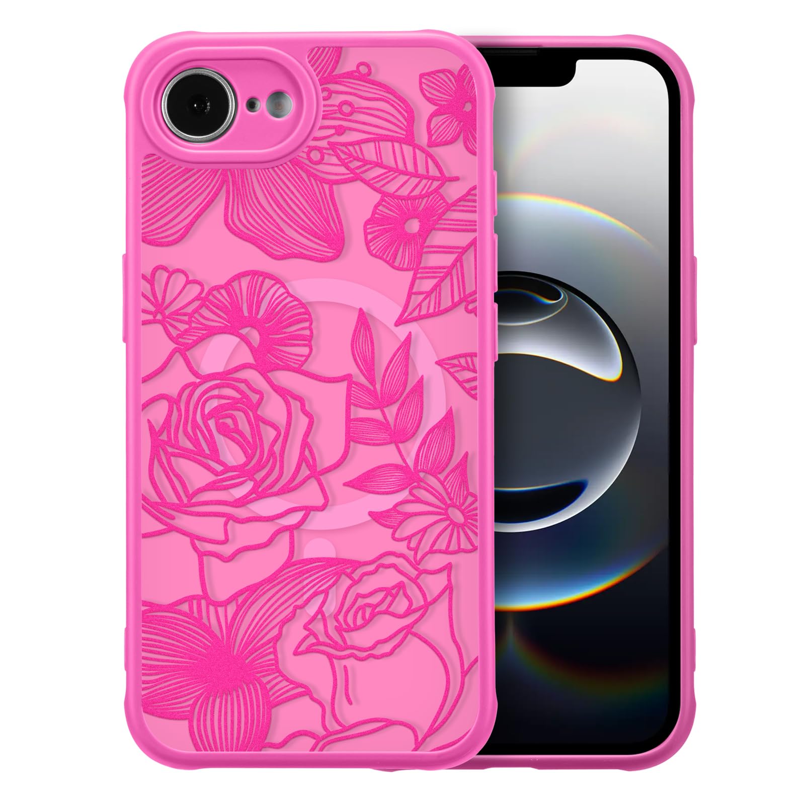 Photo 1 of XIZYO Magnetic Case for iPhone 16e Floral Rose Cute Phone Case [Compatible with Magsafe] for Women Girls Aesthetic Pattern Slim TPU Shockproof Bumper Cover, Hot Pink