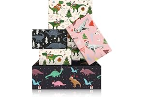 Prehistoric Dinosaur Flying Pterosaur T-REX Wearing Santa Hats Celebrating Christmas Wrapping Paper 8 Sheets in 4 designs Fol