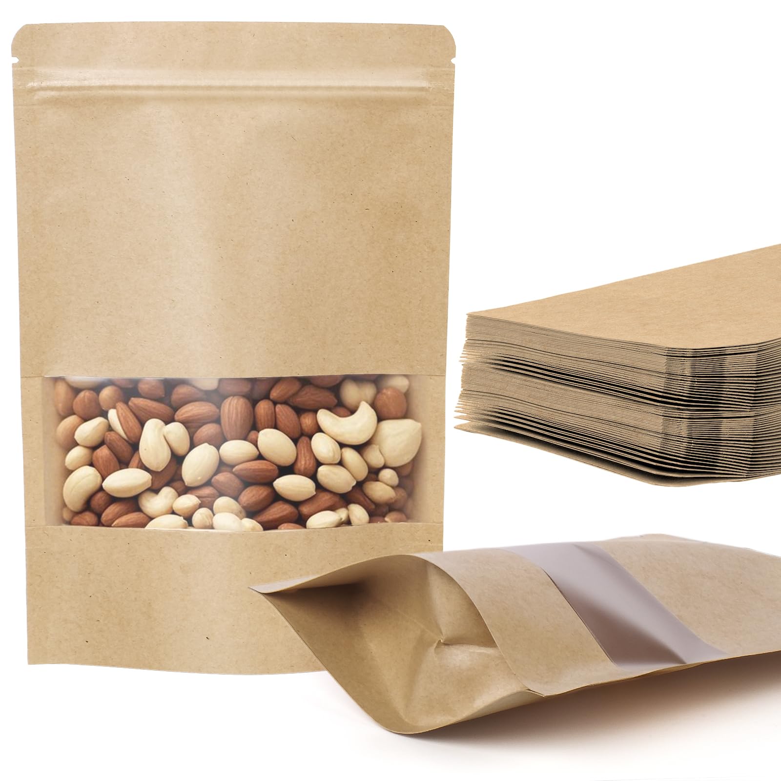 Photo 1 of 100 Pcs Kraft Paper Bags with Window, 3.5" x 5.5" Stand Up Pouches Bags, Food Storage Bags for Packaging Products, Reusable, Sealable