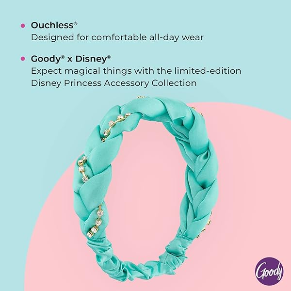 GOODY OUCHLESS BRAIDED HEADBAND FOR ALL HAIR TYPES – DISNEY PRINCESS, JASMINE – COMFORT FIT FOR ALL-DAY WEAR – BEAUTIFUL DESIGN FOR INSTANT STYLE – PAIN-FREE ACCESSORIES FOR WOMEN, MEN, BOYS & GIRLS