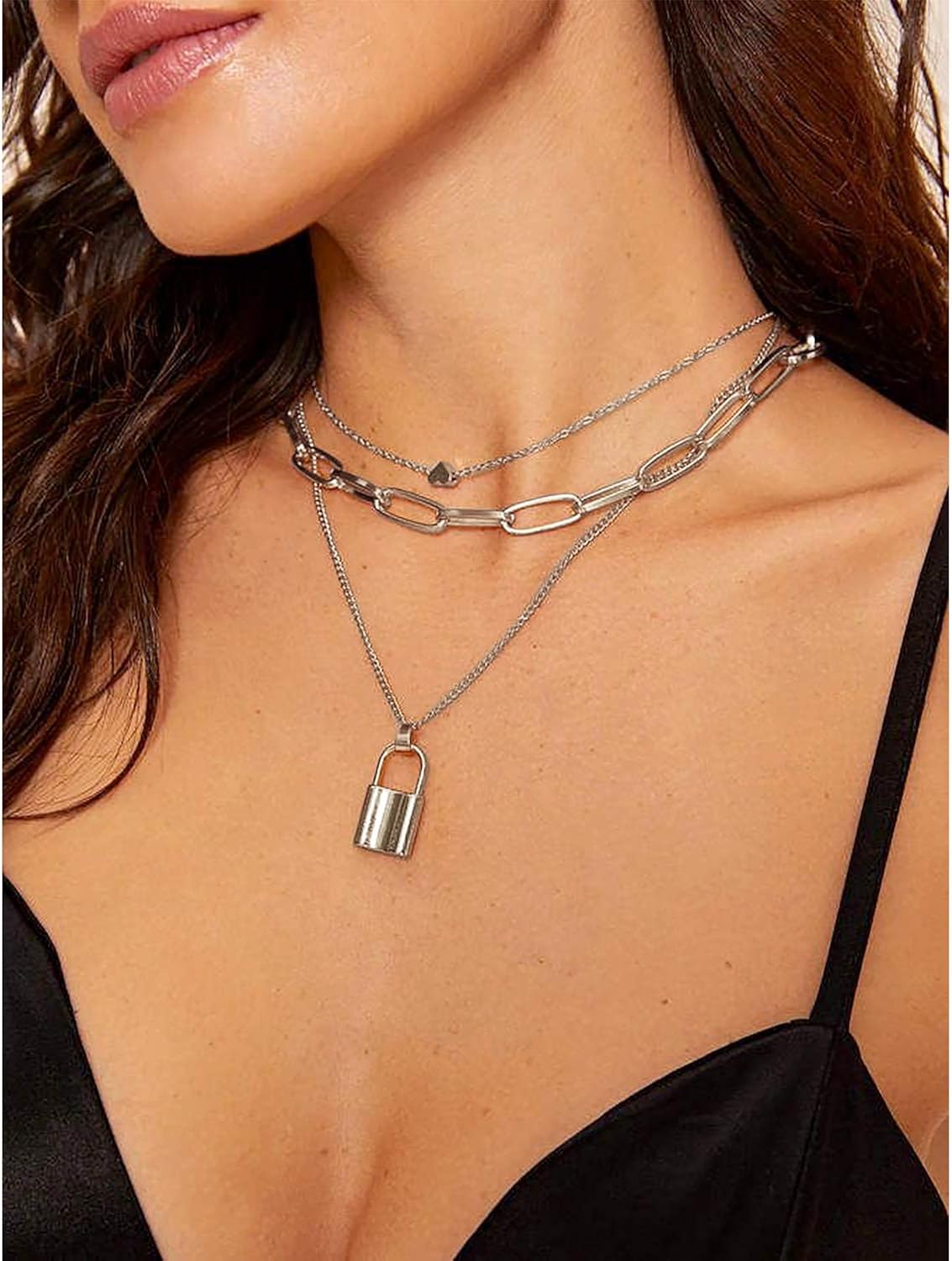 BVROSKI Lock Chain Necklace, Egirl Chains, Statement Lock Key Pendant Necklace Silver Set Eboy Long Multilayer Chains Punk Choker 2 Set(5 Layer) | 