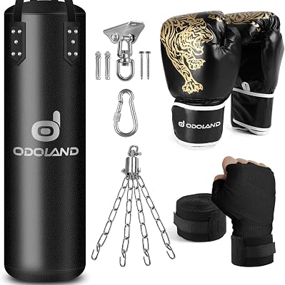 Pugilato Kit 6-in-1 per Uomini e Donne, Non Riempito Sacco da Boxe Fino a 68 kg con Guantoni da 12 Once e Bende, Catene da Appendere